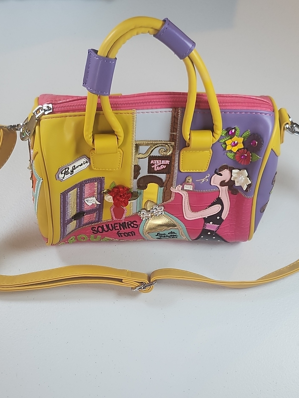 Braccialini Colorful Patchwork Mini Satchel Handbag - Yellow/Pink/Purple